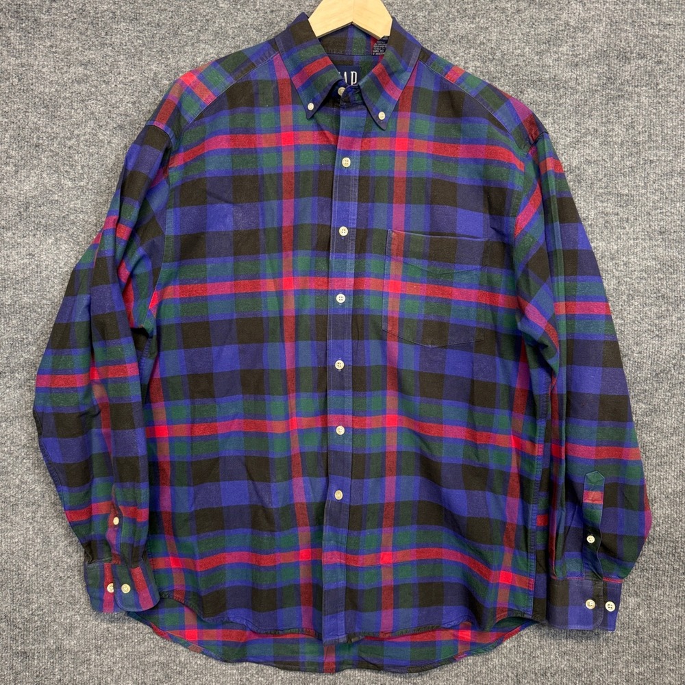 Vintage Gap Mens Size Large Button Down Shirt Navy Plaid Cotton Preppy Grunge
